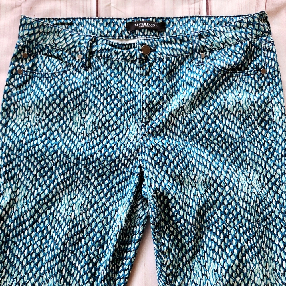 Liverpool Capri Pant Seaport Blue Aqua Scale Pattern Cropped | Women's Size 12 - Picture 2 of 9